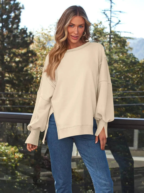 Slit Round Neck Long Sleeve Sweatshirt - ShopEasier