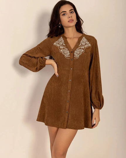 Notched Button Down Long Sleeve Mini Dress