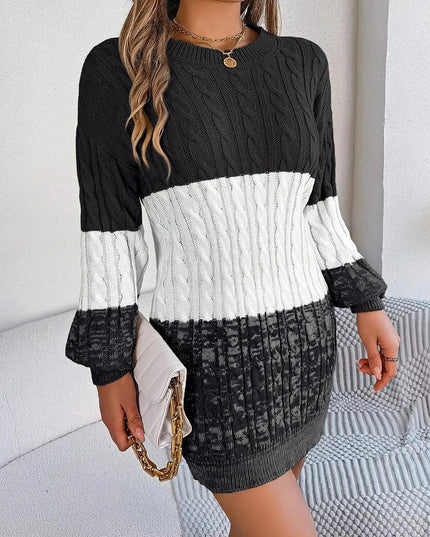 Cable-Knit Round Neck Color Block Sweater Dress - ShopEasier