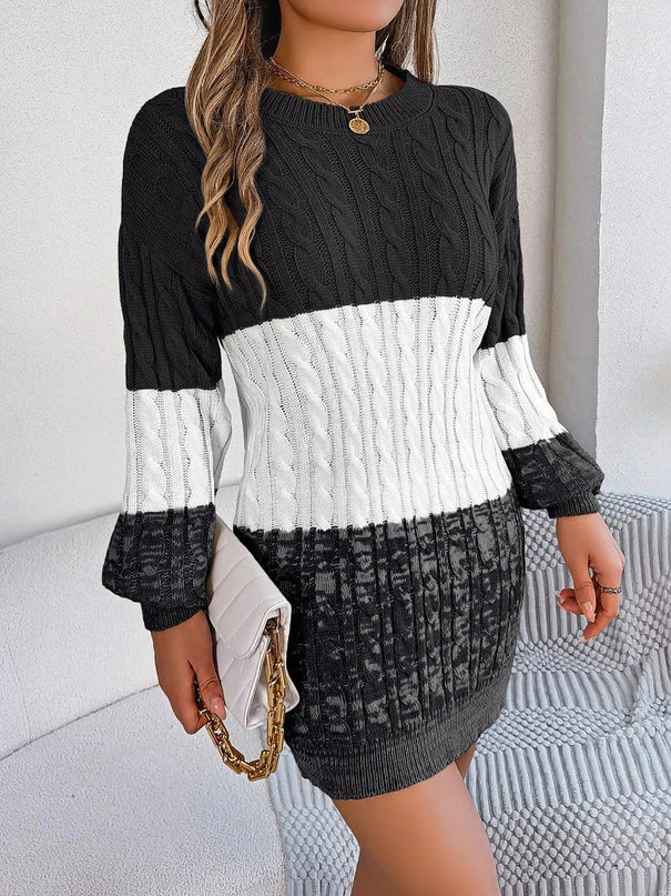 Cable-Knit Round Neck Color Block Sweater Dress - ShopEasier