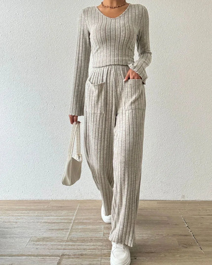 V-Neck Ribbed Long Sleeve Top with Pocketed Trousers Set