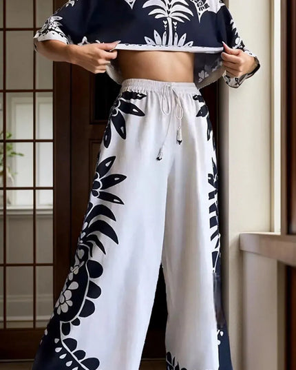 Printed Half Sleeve Top and Wide Leg Pants Set - ShopEasier