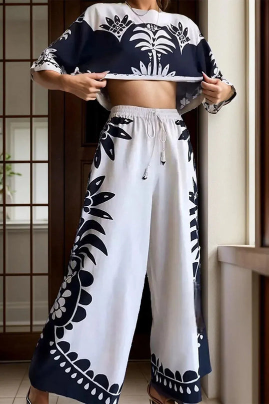 Printed Half Sleeve Top and Wide Leg Pants Set - ShopEasier