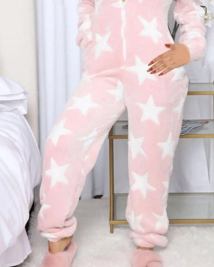 Cozy Printed Hooded Lounge Jumpsuit with Zip Closure