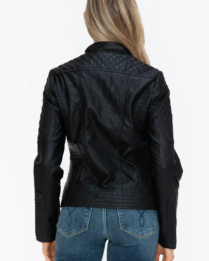 Snobbish Faux Leather Zip Up Mock Neck Jacket - ShopEasier