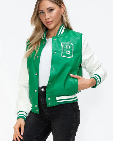 Love Me Now PU Leather Contrast Snap Down Bomber Jacket - ShopEasier