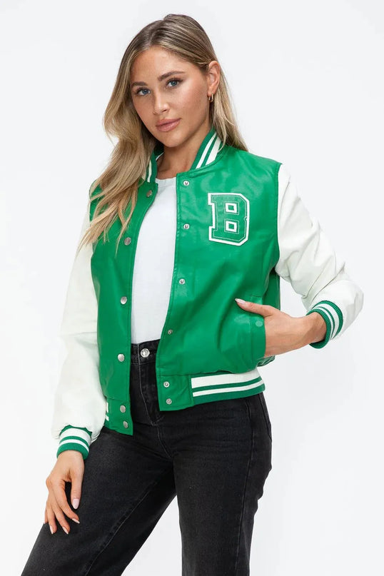 Love Me Now PU Leather Contrast Snap Down Bomber Jacket - ShopEasier