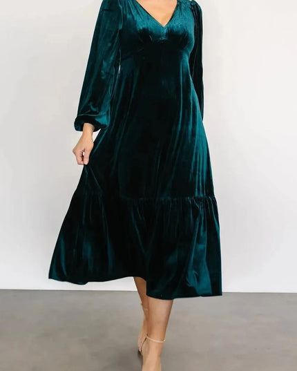 V-Neck Long Sleeve Midi Velvet Dress