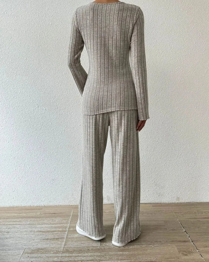 V-Neck Ribbed Long Sleeve Top with Pocketed Trousers Set