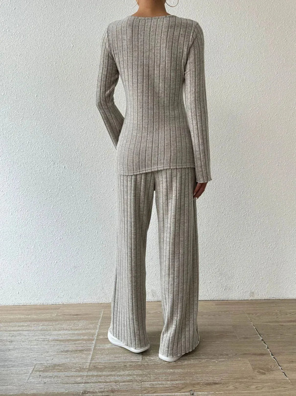 V-Neck Ribbed Long Sleeve Top with Pocketed Trousers Set