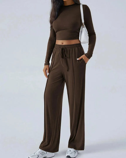 Chic Tied Long Sleeve Top and Pants Set with Pockets