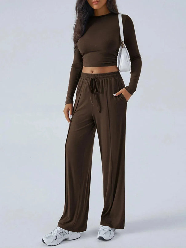 Chic Tied Long Sleeve Top and Pants Set with Pockets