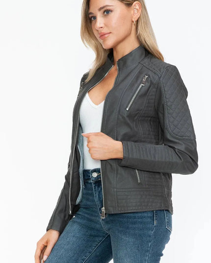 Snobbish Faux Leather Zip Up Mock Neck Jacket - ShopEasier