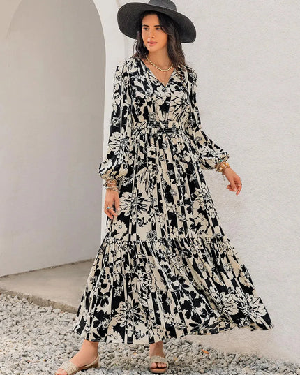 Smocked Printed Tie Neck Long Sleeve Dress - ShopEasier