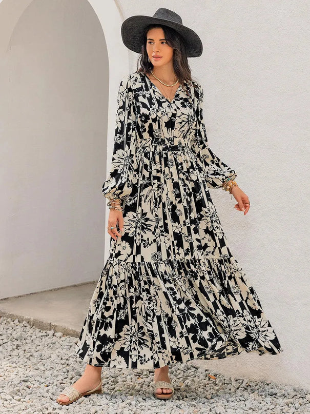 Smocked Printed Tie Neck Long Sleeve Dress - ShopEasier