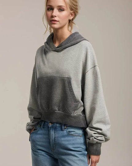 Cropped Cotton Hoodie with Kangaroo Pocket and Long Sleeves