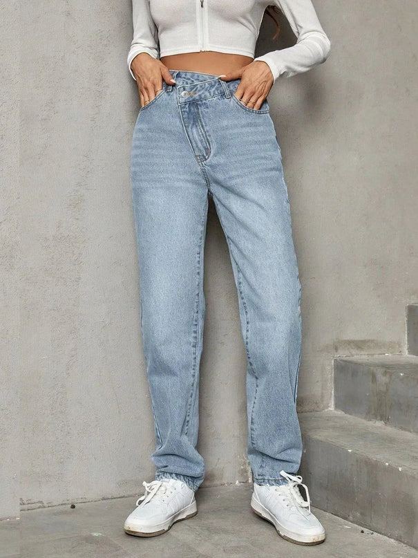 Asymmetric Waist Jeans with Pockets - ShopEasier