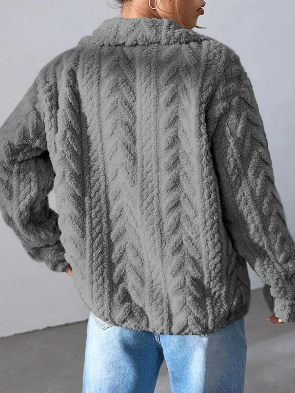 Fuzzy Zip Up Long Sleeve Jacket - ShopEasier