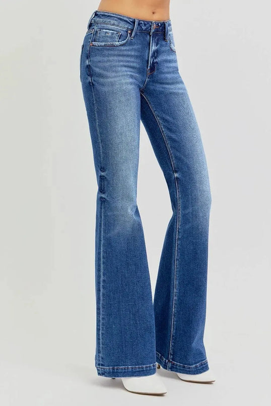 RISEN Full Size Low Rise Flare Jeans with Pockets - ShopEasier