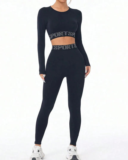 Letter Print Round Neck Long Sleeve Top and Leggings Active Set - ShopEasier