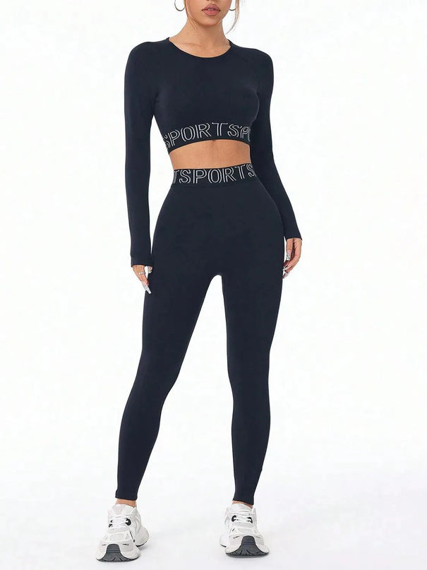 Letter Print Round Neck Long Sleeve Top and Leggings Active Set - ShopEasier