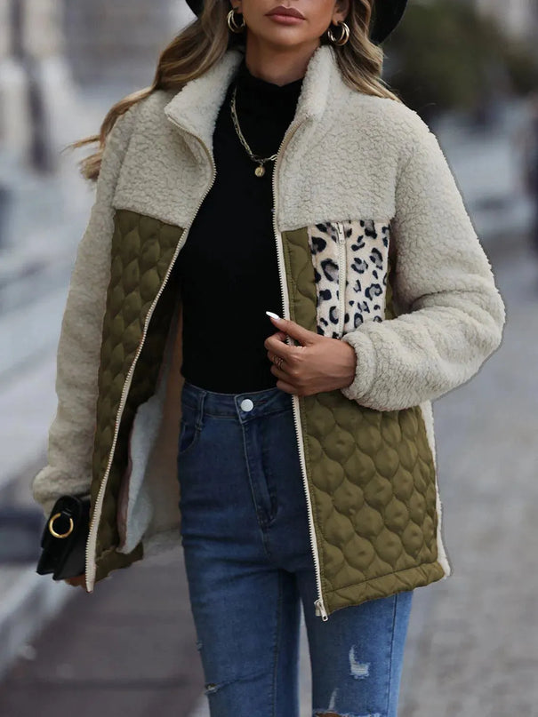 Leopard Print Color Block Zip-Up Hooded Jacket