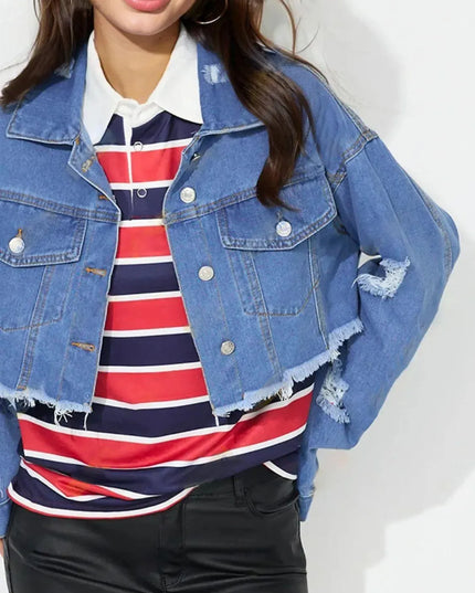 Raw Hem Collared Neck Cropped Denim Top - ShopEasier