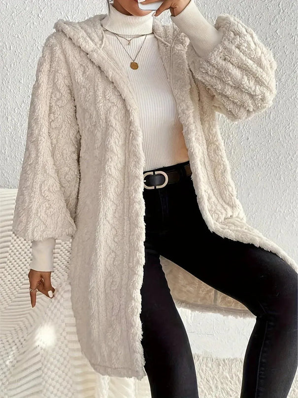 Cozy Hooded Fuzzy Jacket with Open Front and Long Sleeves