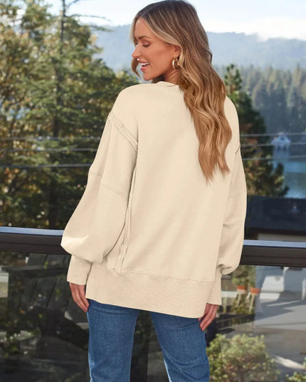 Slit Round Neck Long Sleeve Sweatshirt - ShopEasier