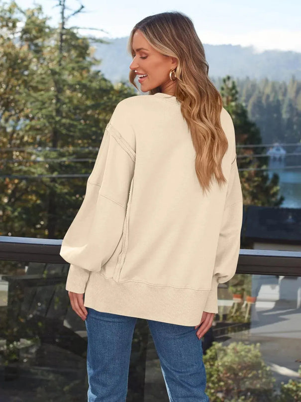 Slit Round Neck Long Sleeve Sweatshirt - ShopEasier