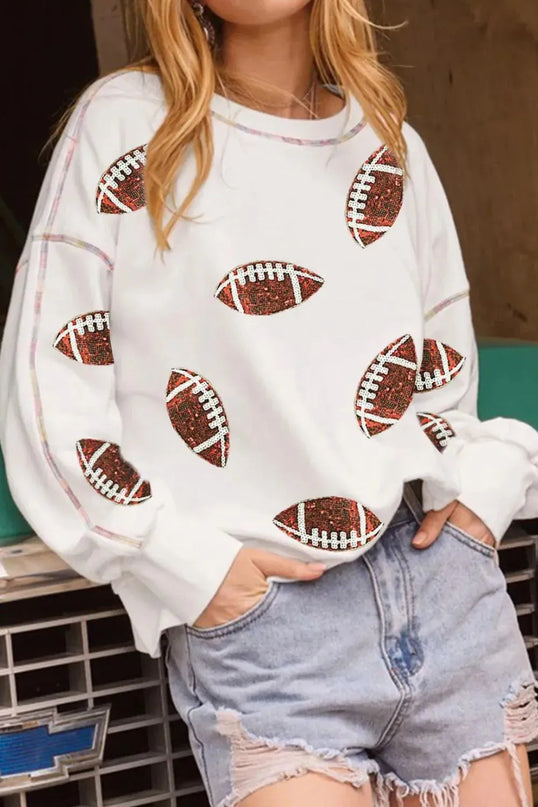 Sparkling Sequin Football Long Sleeve Crewneck Sweatshirt