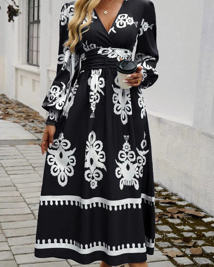 Devine Printed Surplice Lantern Sleeve Midi Dress