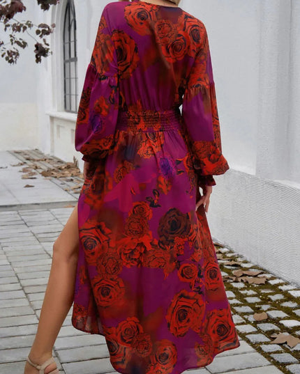 Devine Split Printed Surplice Long Sleeve Midi Dress - ShopEasier