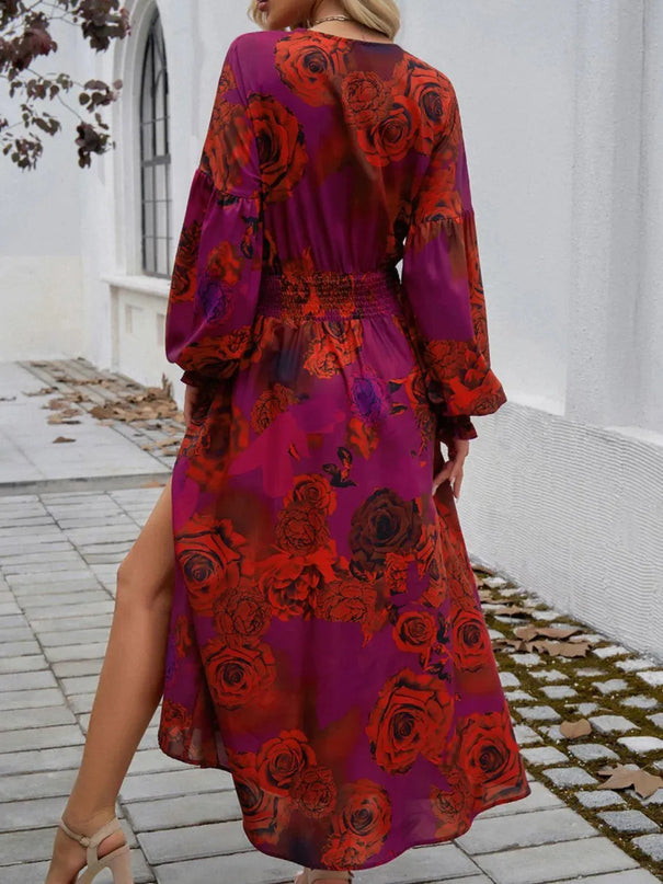 Devine Split Printed Surplice Long Sleeve Midi Dress - ShopEasier