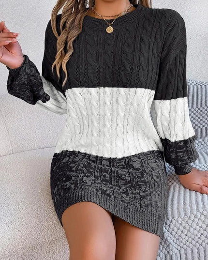 Cable-Knit Round Neck Color Block Sweater Dress - ShopEasier