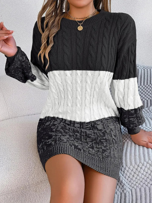 Cable-Knit Round Neck Color Block Sweater Dress - ShopEasier