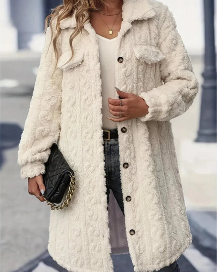 Fuzzy Button Up Long Sleeve Longline Coat - ShopEasier