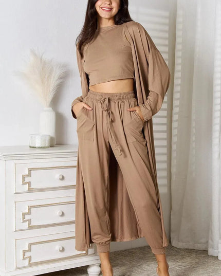 Three-Piece Tied Cardigan, Tank, and Pant Set with Pockets