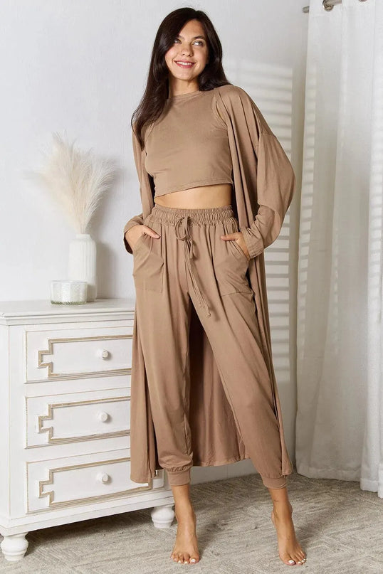 Three-Piece Tied Cardigan, Tank, and Pant Set with Pockets