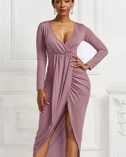 High-low Ruched Surplice Long Sleeve Dress