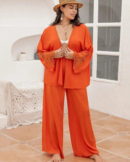 Elegant Plus Size Lace-Trimmed Long Sleeve Top and Pants Ensemble