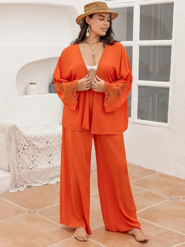 Elegant Plus Size Lace-Trimmed Long Sleeve Top and Pants Ensemble