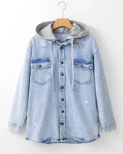 Distressed Button Up Hooded Denim Jacket with Pockets - ShopEasier