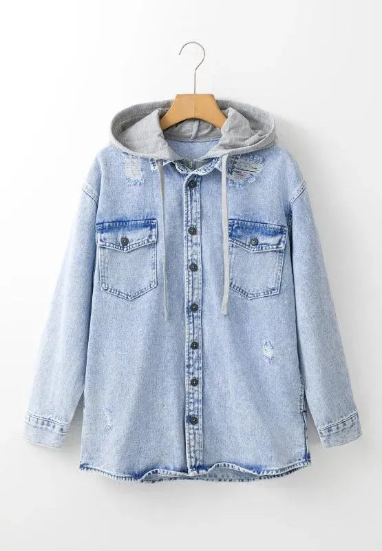 Distressed Button Up Hooded Denim Jacket with Pockets - ShopEasier