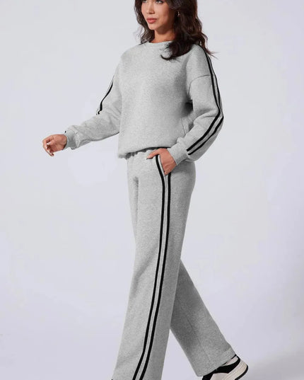 Sporty Side Striped Activewear Set with Round Neck Top and Pants