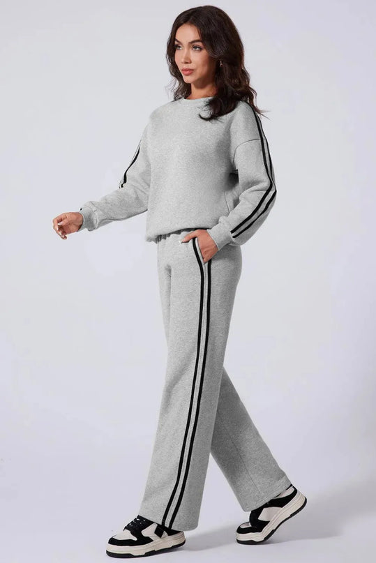 Sporty Side Striped Activewear Set with Round Neck Top and Pants