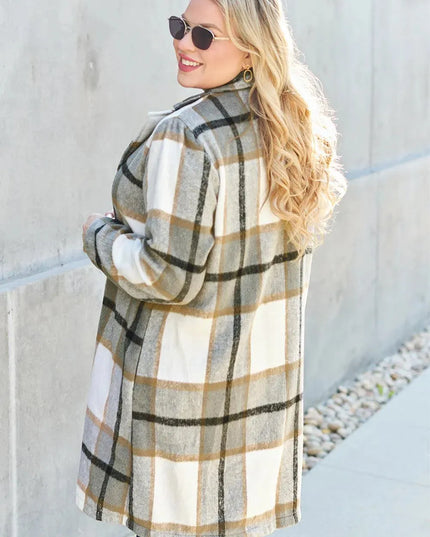 Plaid Button-Up Lapel Coat with Pockets - Full Size Double Take Design