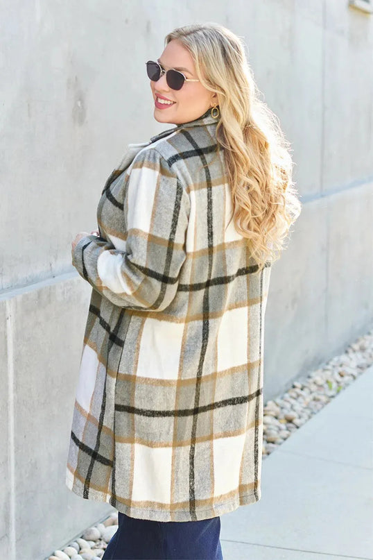 Plaid Button-Up Lapel Coat with Pockets - Full Size Double Take Design