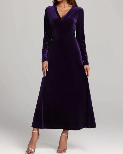 V-Neck Long Sleeve Velvet Dress - ShopEasier