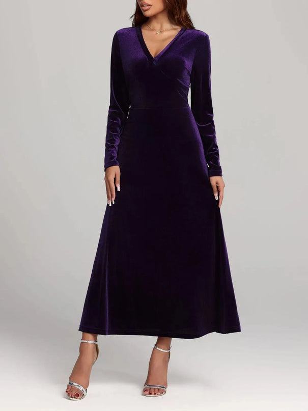 V-Neck Long Sleeve Velvet Dress - ShopEasier